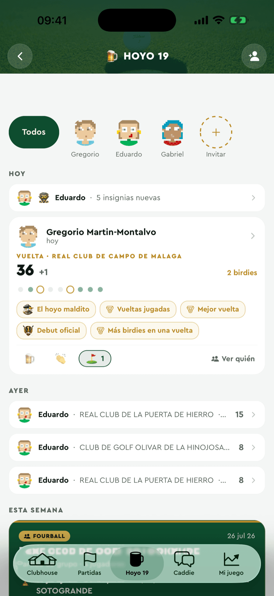 El Hoyo 19 de Badgie Golf: feed social con vueltas, insignias y partidas