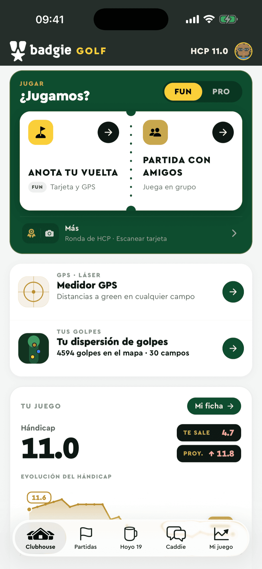 Pantalla de inicio de Badgie Golf con el hándicap y su evolución
