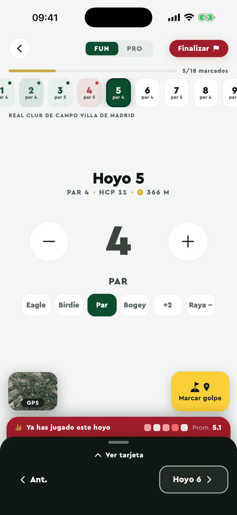 Tarjeta en vivo de Badgie Golf: marcaje del hoyo con GPS y tu promedio