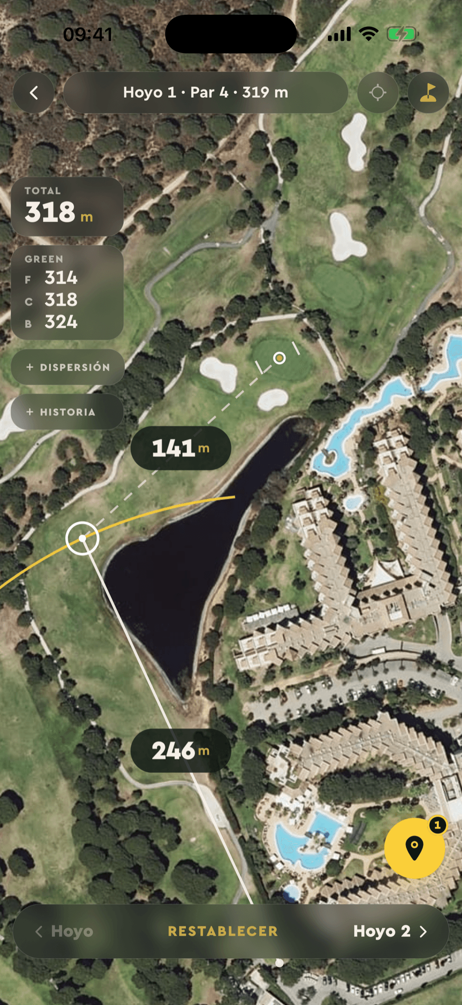 Rangefinder GPS de Badgie Golf: distancia al green sobre imagen de satélite