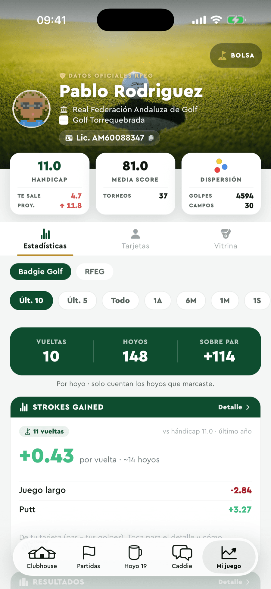 Ficha oficial RFEG en Badgie Golf: hándicap 11.0, media de score y dispersión