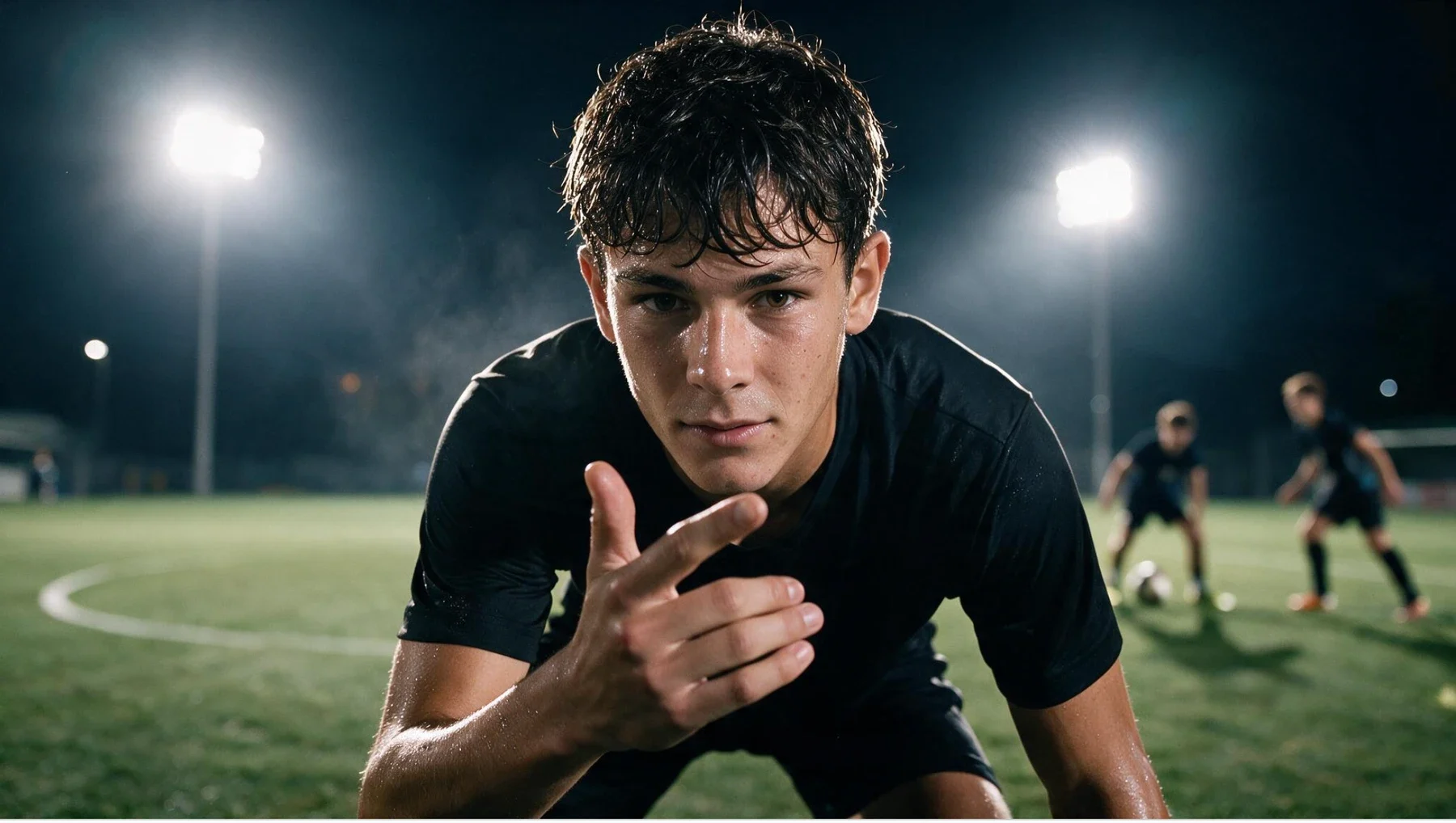 Joven futbolista mirando a cámara en un campo iluminado de noche